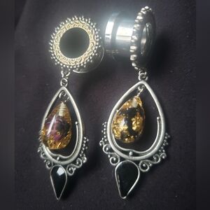 Tribal Ear Plug Gold Gauge Pendant Dangle Earring Crystal Indian Cute Black